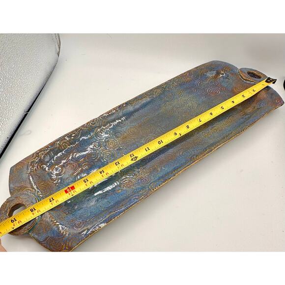 Handmade Raku-Style Ceramic Platter — Iridescent Blue & Copper Swirl Pattern - Picture 6 of 12